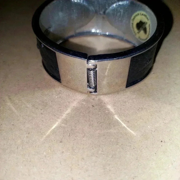 Zawadi black Ostrich Leather Swarovski Crystal Wide Clamper Bracelet - Picture 5 of 6